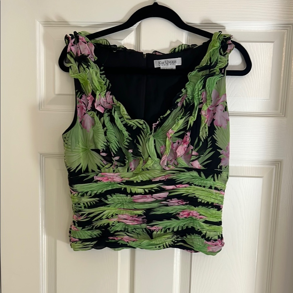 Kay Unger Black and Green Ruched Tank Top